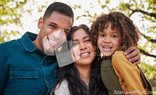 Image of Nature, portrait and happy kid, mom and dad smile for outdoor adventure, love bond and connect in wellness garden. Natural green park, family trust and face of child, mother and father together