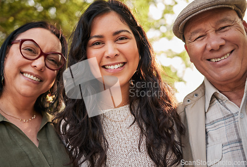 Image of Nature portrait, mature parents and daughter smile for wellness garden, outdoor journey and connect in Costa Rica. Forest, face and happy family woman, mom and dad together with love, trust and care