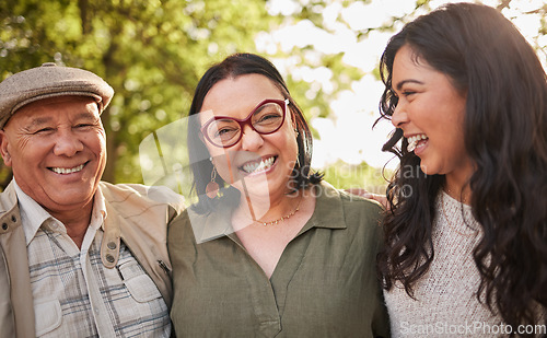 Image of Portrait, mature parents and daughter laugh at retirement joke, goofy park journey or funny humour in wellness garden. Love, face and happy family woman, mama and cheerful papa bonding in Venezuela