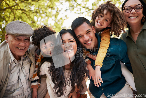 Image of Nature park, portrait and big family smile for outdoor wellness, bonding and connect on Mexican vacation. Forest, face and relax children, parents and grandparents happy for love, garden and support