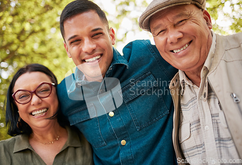 Image of Nature portrait, mature parents and son smile for outdoor wellness, bonding and connect on Mexican holiday. Forest, face and happy family man, mother and father together with love, happiness and care