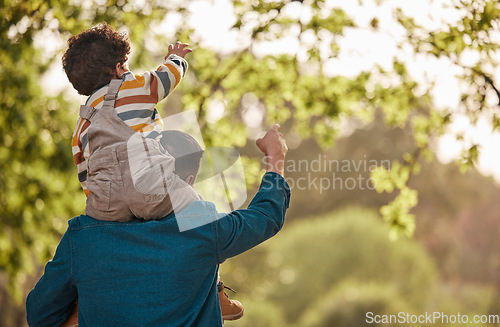 Image of Piggyback, relax and father with child in park for support, playful and games. Love, freedom and adventure with man carrying baby in nature for family, summer and vacation together with mockup space