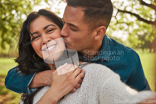 Image of Nature portrait, selfie or couple kiss for romantic outdoor date, bonding and photography on love journey in forest woods. Park, face or relax man, woman or marriage people affection for memory photo