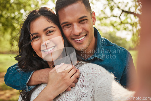 Image of Nature portrait, selfie and couple smile for outdoor wellness, bonding and connect on relax journey in forest woods. Park face, love or Mexican man, woman or marriage people together for memory photo