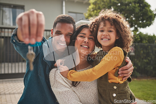 Image of Happy family, portrait and real estate with keys in property, investment or new home together. Mother, father and child smile in relocation, buying or mortgage loan in building, finance or investing