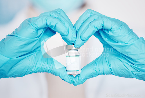 Image of Vaccine, medical person and heart hands of doctor with medicine bottle for virus protection, safety or health security. Hospital policy, lab and closeup pharmacist, nurse and scientist with love sign