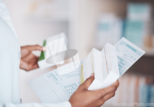 Image of Paperwork, pharmacist or hands with medicine pills, supplements products or drugs inventory. Documents, healthcare clinic or closeup of doctor with box of medical product or pharmacy stock checklist