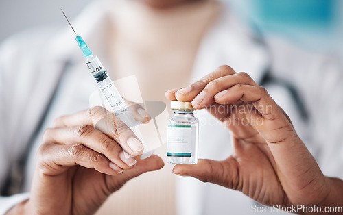 Image of Medical vaccine, needle or person hands with medicine vial container for virus protection, safety or health security. Hospital policy, compliance and closeup pharmacist, nurse and doctor with syringe