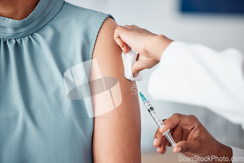 Image of Hands, medical and doctor with patient for vaccine in a clinic for healthcare treatment for prevention. Closeup of a nurse doing a vaccination injection with a needle syringe in a medicare hospital.