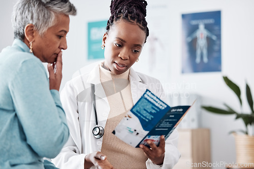 Image of Brochure, consulting or doctor talking to patient for life insurance or healthcare services or medical data. Medicine, nurse helping or mature woman learning info on pamphlet in hospital for advice