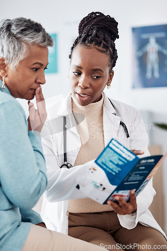 Image of Brochure, consulting or doctor speaking to woman for life insurance or healthcare services or medical data. Medicine, nurse helping or mature patient learning info on pamphlet in hospital for advice