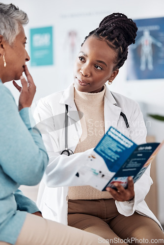 Image of Brochure, consulting or doctor talking to person for life insurance or healthcare services or medical data. Women, nurse listening or mature patient learning info on pamphlet in hospital for advice