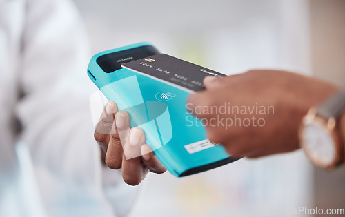 Image of Pharmacist hands, credit card and machine for healthcare POS, clinic online payment and customer service. Pharmacy fintech, doctor or people at point of sale, medical shopping or hospital transaction