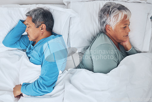 Image of Sleeping, above and a senior couple in a bed with fatigue in a marriage together. Top view, relax and a tired elderly man and woman in the bedroom for rest, peace and napping with comfort in a house