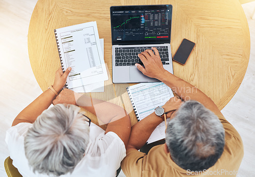 Image of Couple, computer screen and data analysis, stock market graphs and budget, financial planning or asset management above. Senior people on laptop for trading, investment and accounting report or stats