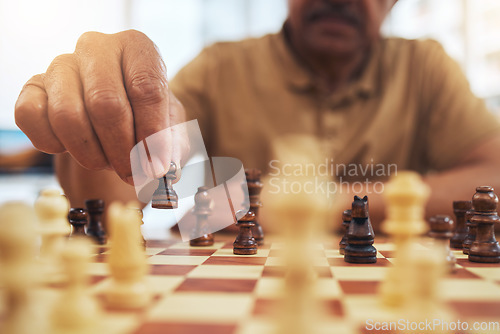 Image of Man, chess board game and hands on pawn for fun strategy, hobby and decision in challenge. Closeup, chessboard or player moving piece for winning contest, competition or learning tabletop brain games