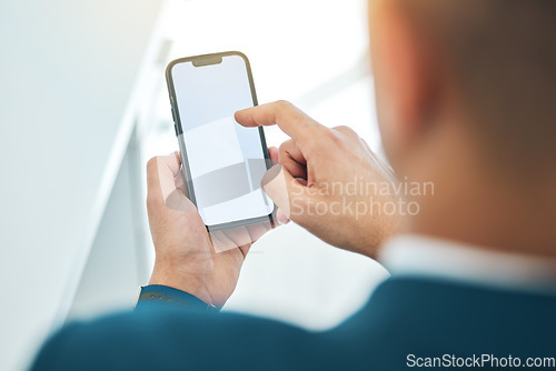 Image of Business man, hands and phone mockup or screen for stock market, online scroll and Web 3.0 ui or ux design space. Corporate person or trader FAQ, trading information and contact or search on mobile