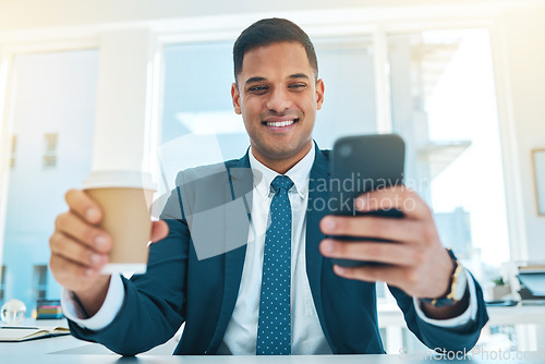 Image of Phone, coffee and business man in office online for social media, networking and check email. Corporate worker, professional and person with tea on smartphone for internet, website and mobile app