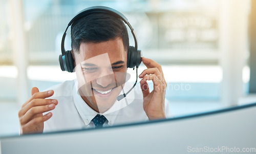 Image of Man, callcenter and phone call, contact us and headset with mic, CRM and communication, smile with help desk worker. Face, conversation and customer service consultant, telecom and virtual assistant