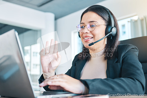 Image of Customer service, laptop and woman wave in video call, help desk support and remote work at home. Happy, hello and sales agent in webinar, callcenter consulting or telemarketing in online conference