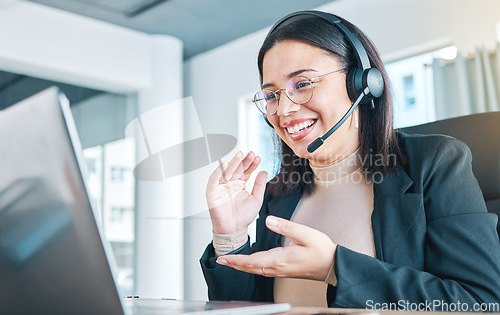 Image of Customer service, laptop and woman in video call, smile in help desk support and remote work at home. Computer, webinar and sales agent in callcenter, consulting or telemarketing in online conference