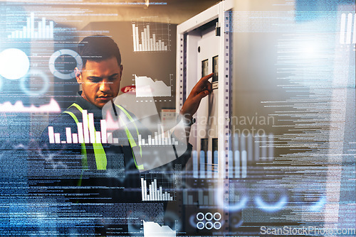 Image of Electrician, engineering and man with data overlay in a control room for maintenance. Technician person with ai technology for power check, problem solving and digital future or 3d inspection