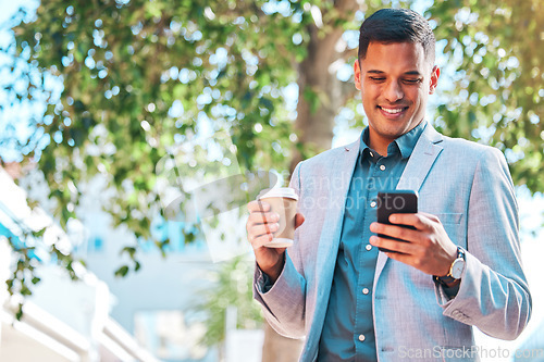 Image of Phone, city coffee break or happy man, professional realtor or real estate agent typing, check or contact property person. Cellphone communication, sidewalk or networking businessman on urban journey