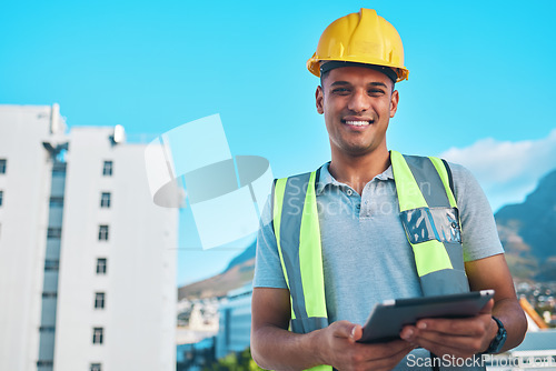 Image of Project manager, tablet and portrait of happy man, architect or construction site engineer with digital blueprint design. Civil engineering, city inspector and smile for online infrastructure plan