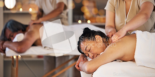 Image of Relax, massage and zen with couple in spa for wellness, body treatment and hospitality. Peace, cosmetics and salon with senior Asian man and woman in hotel for health, vacation and physical therapy