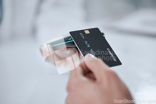 Image of POS, contactless payment and hands with credit card or customer in pharmacy to purchase a service at a store. Technology, cashless and person buy or tap a machine for online app in healthcare