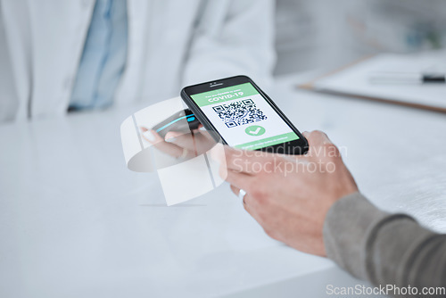 Image of Qr code, contactless payment and hands with phone or customer at pharmacy POS to purchase service in store. Technology, smartphone and person buy with card machine online or mobile app for healthcare