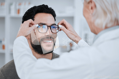 Image of Eye care, glasses for vision and lens, choice and optometrist with patient, health and test at clinic. Prescription eyewear for sight and assessment, wellness and people with frame and optometry