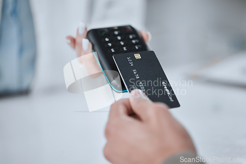 Image of POS, contactless payment and person with credit card or customer in pharmacy to purchase a service at a store. Technology, cashless and hands buy or tap on machine online or app for healthcare