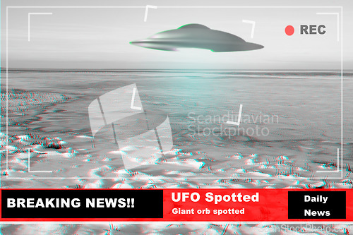 Image of UFO, spaceship and alien in sky, earth or nature in breaking news, broadcast background or television recording. Spacecraft, glow and research or surveillance with warning sign, scifi or tv broadcast