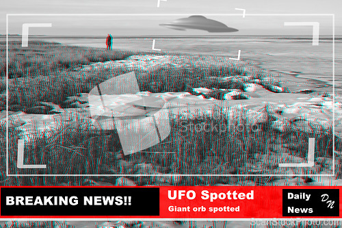 Image of UFO, spaceship and alien in nature or earth with breaking news or broadcast background and television recording. Spacecraft, sky and research or surveillance with warning sign, scifi and tv broadcast