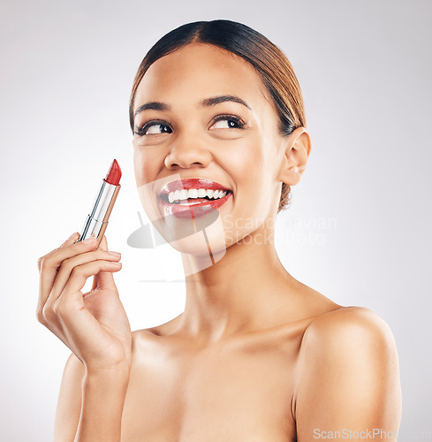 Image of Woman, smile and makeup with red lipstick, cosmetics and dermatology on white studio background. Thinking, person or model with beauty, aesthetic or gloss with glow, shine or grooming with confidence
