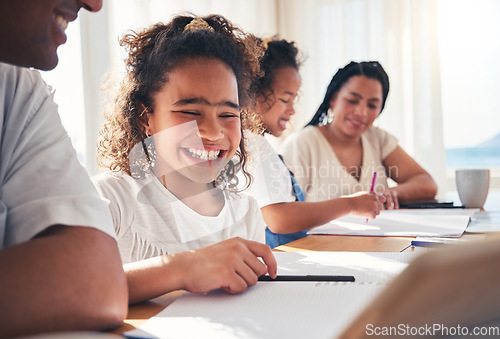 Image of Children, parents and family for online learning, home education and happy writing, knowledge or support on tablet. Biracial kid, mother and father teaching, help and school elearning on digital tech