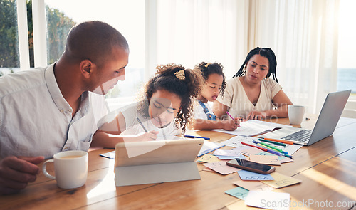 Image of Family, children and writing, online education or e learning at home on tablet, computer and books with mom and dad support. Kids, mother and father or parents teaching, helping or drawing for school