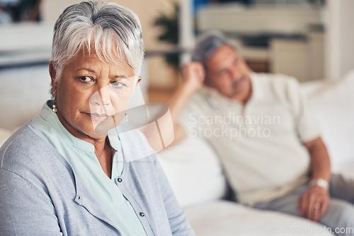 Image of Frustrated senior couple, fight and divorce in conflict, argument or disagreement on living room sofa at home. Unhappy woman and man in cheating affair, toxic relationship or breakup dispute in house