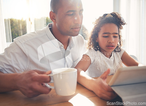 Image of Child, father and family on tablet for online learning, home education and knowledge or support at home. Kid and dad teaching, helping and reading or watch video with elearning or digital technology