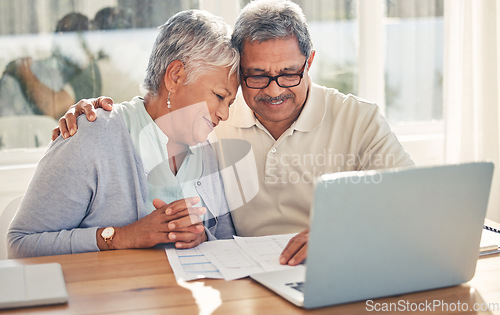 Image of Senior couple, documents and computer for home, investment or budget, retirement or pension with love and hug. Elderly woman and man on laptop for asset management, loan agreement and life insurance