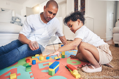 Image of Building blocks, play or father with baby on the floor for learning, education or child development. Family home, relax or dad enjoying bonding in living room with girl, kid or toys for fun games