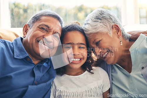 Image of Grandparents, portrait and child smile in home living room on sofa, bonding and having fun together. Face, grandma and grandfather with kid in lounge to relax with love, care and family connection