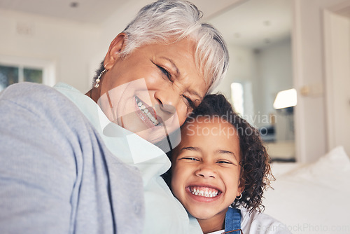 Image of Portrait, child or happy grandma in a selfie with love, care or smile bonding to relax together at home. Face, photo or senior grandmother taking pictures with girl or kid on sofa of family house