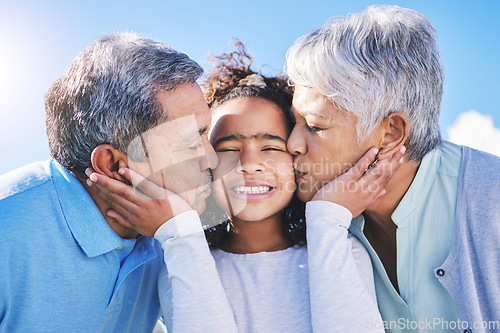 Image of Smile, sky or grandparents kiss child bonding in Brazil to relax with love, trust or care in retirement. Face, proud elderly grandmother or senior grandfather with a happy kid on holiday in summer