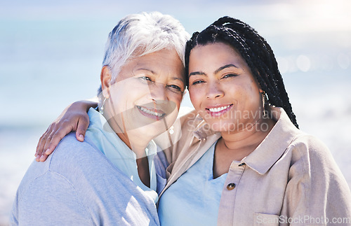 Image of Portrait, beach, mother and daughter, hug and family with vacation, support and summer break. Face, elderly mama and parent with girl, seaside holiday and embrace with travel, ocean trip and getaway