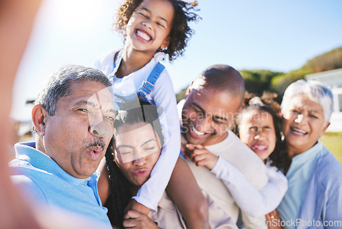 Image of Grandparents, kids and parents in selfie, garden and smile for laugh, love and bonding on big family vacation in summer. Senior man, woman and grandchild with memory, profile picture and social media
