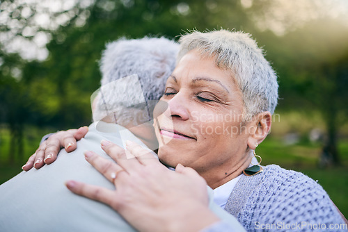 Image of Senior couple, happy and hug at park with love, care and bonding for trust, support and wellness outdoor. Elderly man, woman and embrace in nature for healthy relationship, connection and together