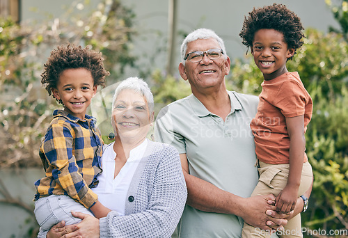 Image of Portrait, happy kids or grandparents in garden to relax for bonding with love, support or care in retirement. Face, smile or grandma, grandfather or siblings on interracial family holiday vacation