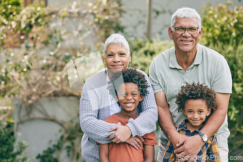Image of Portrait, hug and children with grandparents in a backyard for bond, care and fun together outdoor. Happy family, face and kids with grandmother, grandpa and sibling in a garden, embrace and smile